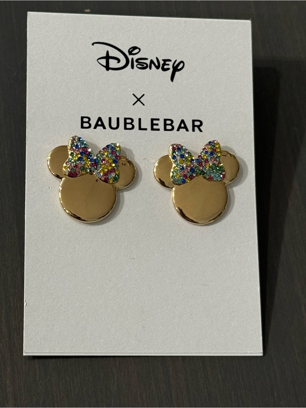 Disney BaubleBar Gold Minnie Earrings with Multicolor Bow